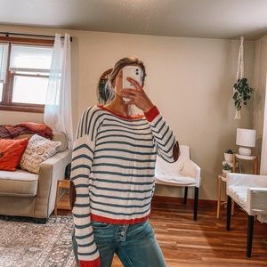Lemon tart blue and orange striped sweater with elbow patches